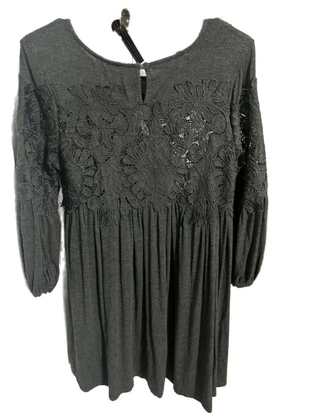 CY Fashion Charcoal Grey Lace Bodice Babydoll Dress - Boho Long Sleeve Knit